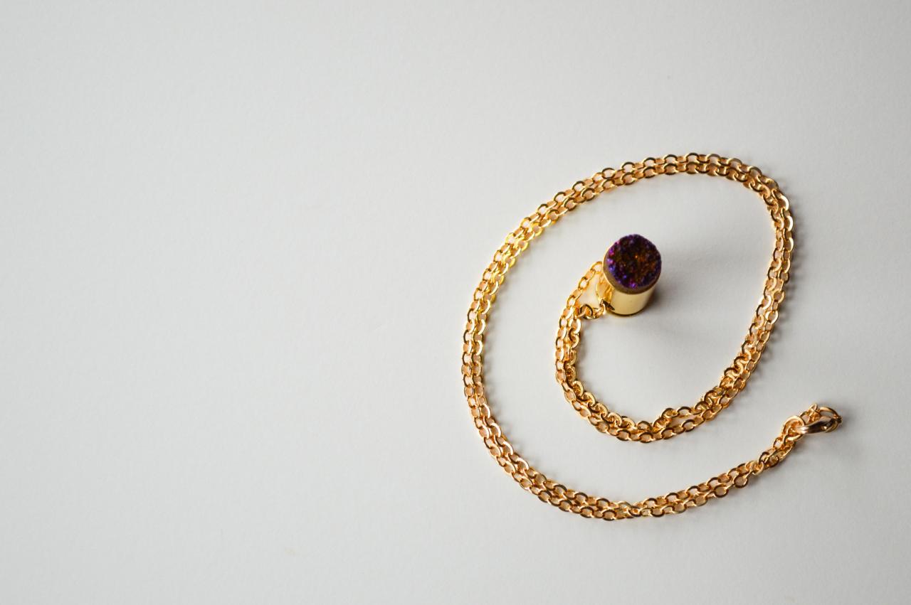 Natural Purple Color Druzy Bullet Pendant 14k Gold Plated Necklace