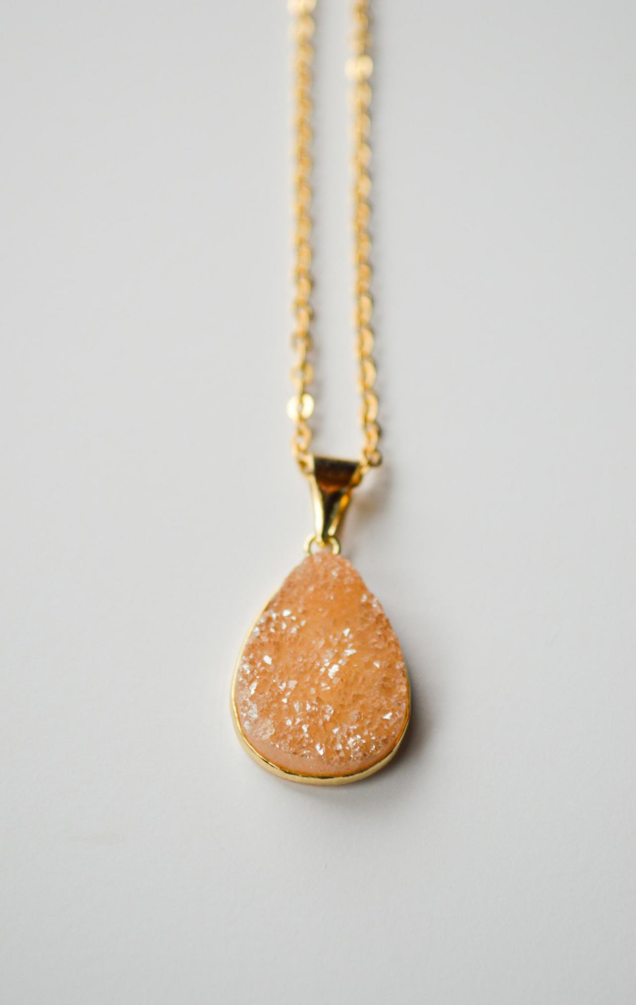 Natural Yellow-orange Druzy Pendant 14k Gold Plated Necklace
