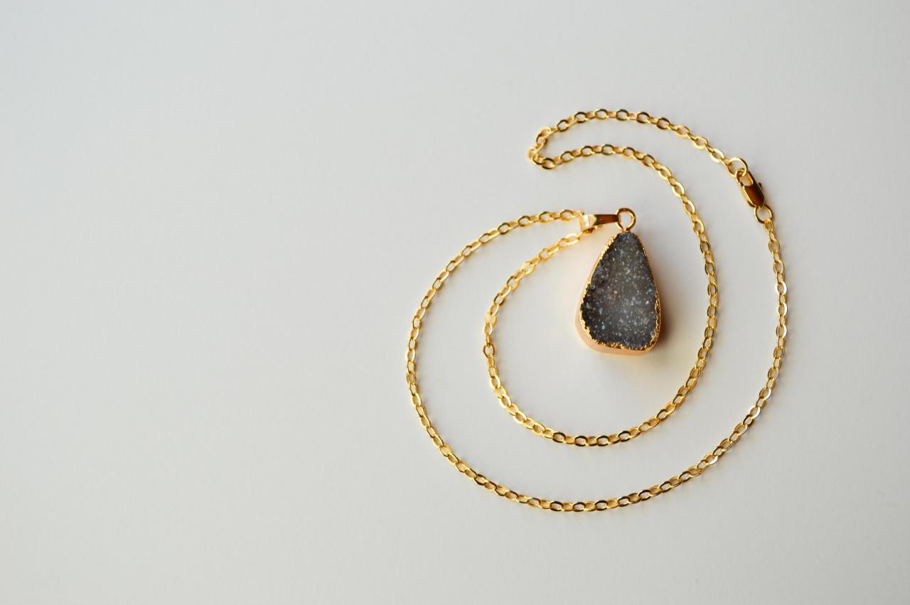 Natural Black Druzy Pendant 14k Gold Plated Necklace